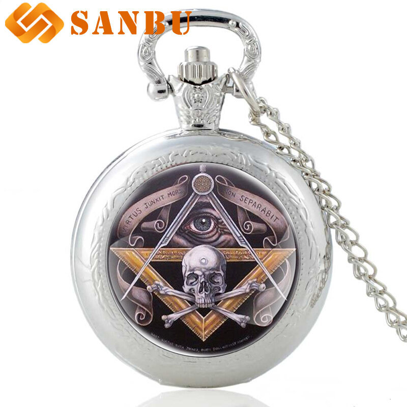 Relógio de bolso masculino com pingente de esqueleto, colar de bronze clássico maçônico de quartzo para homens