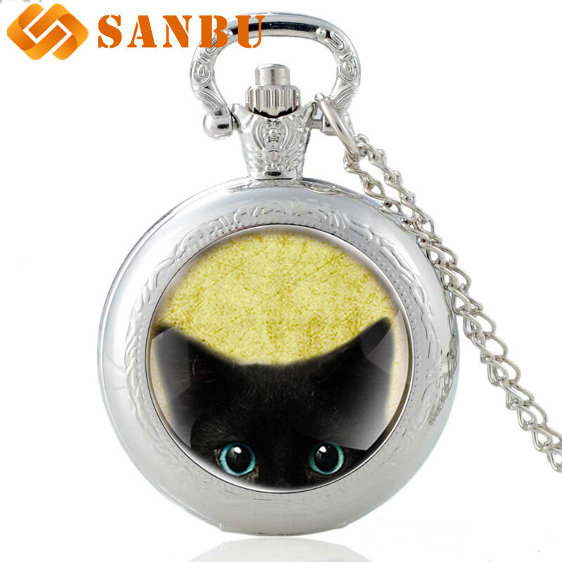 Модные кварцевые часы с бронзовым черным котом в стиле панк с ожерельем, винтажные мужские и женские, бронзовые кварцевые карманные часы, ре...