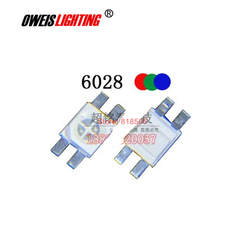 PLCC-4 de ánodo común RGB 6028, 6,0x2,8, 20mA, colores rojo claro, azul y verde, 5 uds.