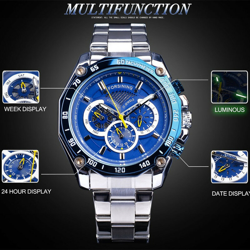 FORSINING ファッションの高級メンズ腕時計防水スリーアイ 6 本の針自動機械式メンズスチールベルト機械式腕時計