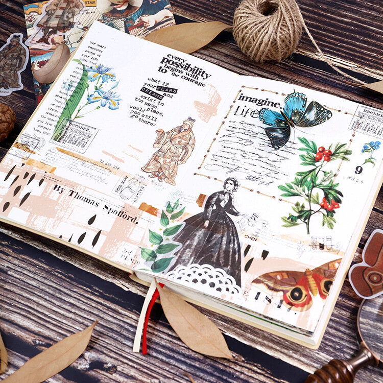 1 paquete de bolsa de pegatinas Retro, Serie de ilustración de plantas, decoración de álbum de fotos de Techo, pegatinas DIY de viaje