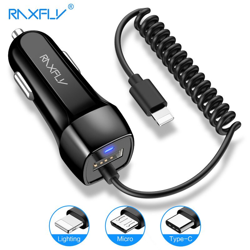 Cargador RAXFLY para encendedor de cigarrillos con Cable USB de resorte, cargador de coche de 10W para iPhone, Cables Lightning, Cable USB tipo C Micor