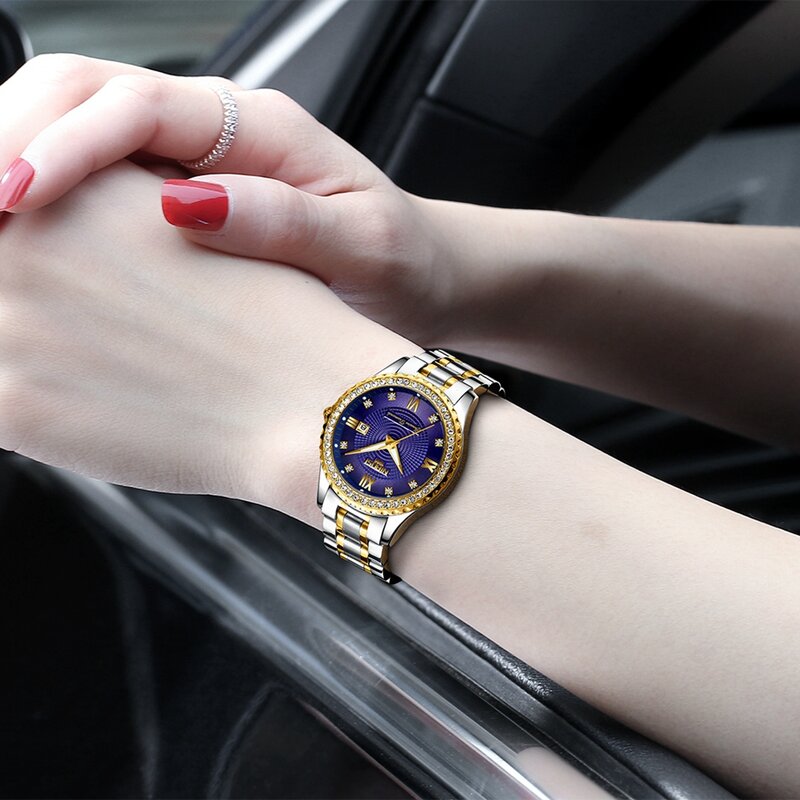 Парные часы NIBOSI для женщин и мужчин, Роскошные Кварцевые наручные часы с кристаллами, часы для влюбленных, золотые часы с отображением недел...