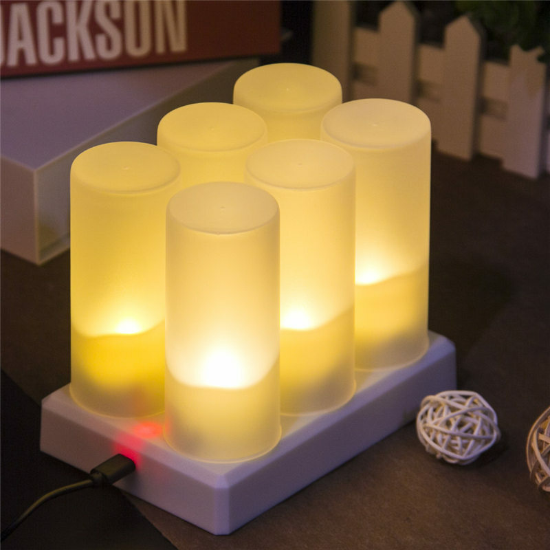 Paquete de 6 velas LED de carga sin llama, velas remotas, luz de té parpadeante para decoración del hogar, boda, fiesta de cumpleaños