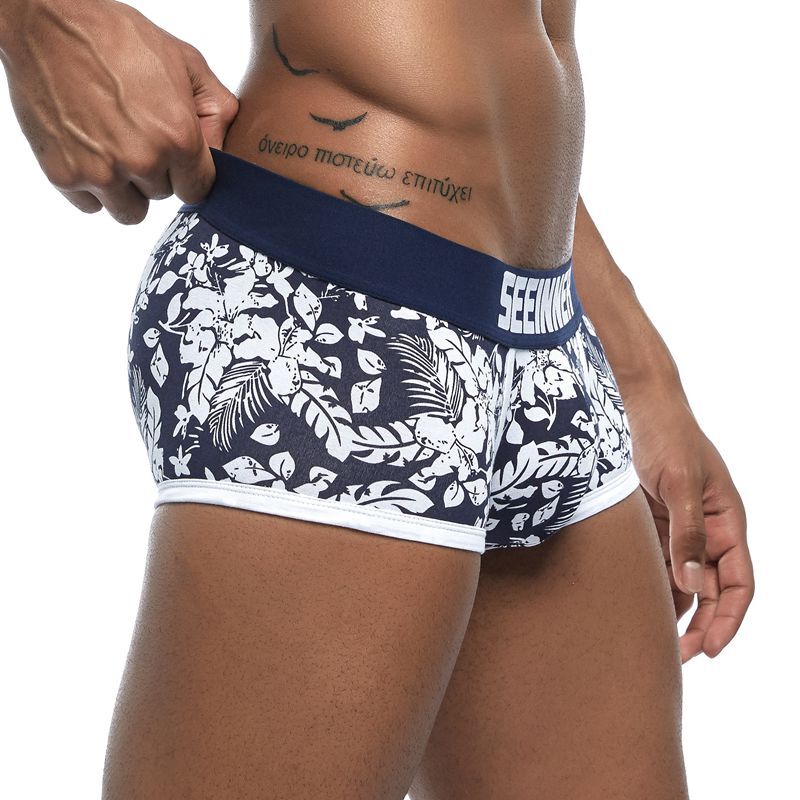 New Brand Male Panties Breathable Boxers Cotton Men Underwear U convex pouch Sexy Underpants Printed leaves Homewear Shorts