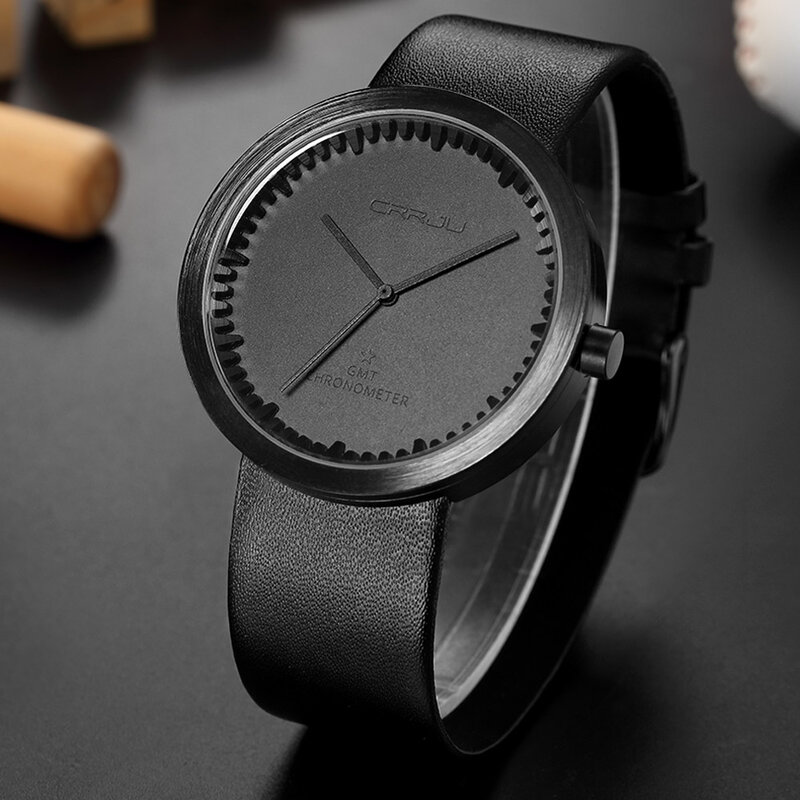 Luxury Brand CRRJU Men Leather Strap Watch Classic Black Male Military Wristwatch Casual Sport Quartz Watch Relogio Masculino