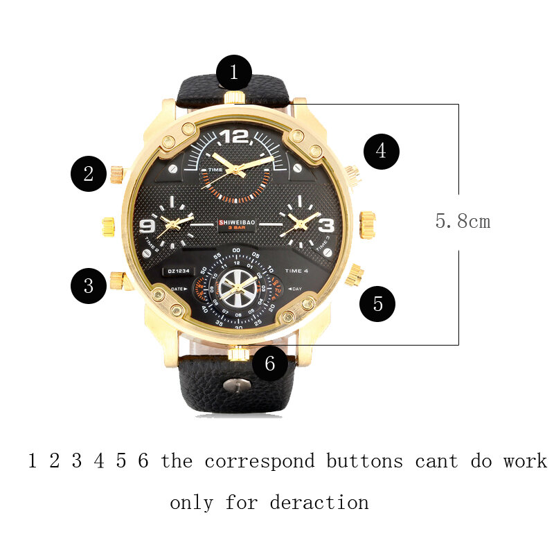 Cool Big Case Watch Men Quartz Watches Four Times Zones Golden Case Leather Military Wristwatches Relogio Masculino Esportivo