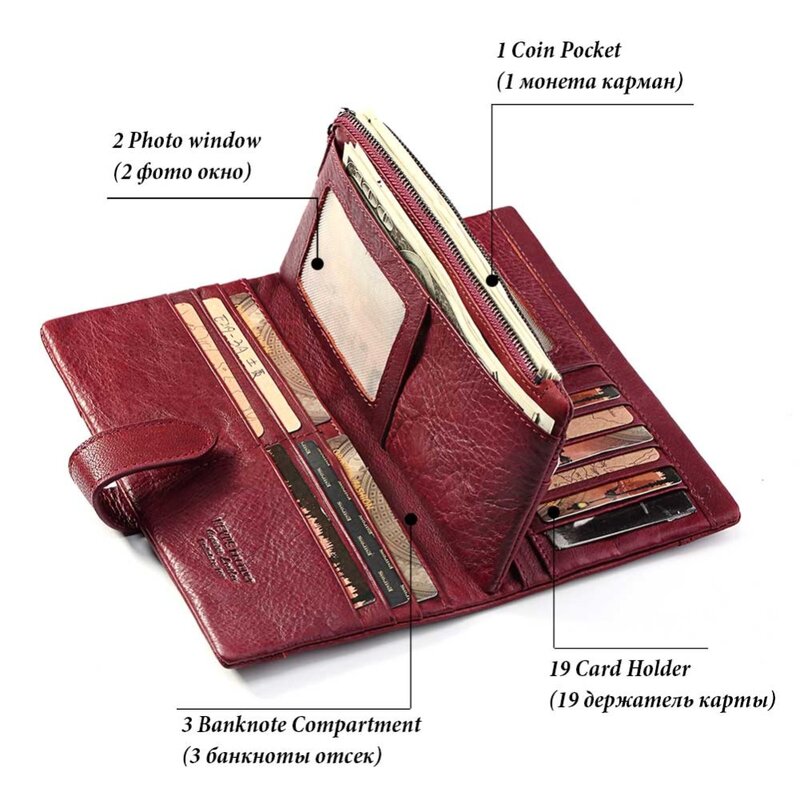 KAVIS-Cartera de piel auténtica anti RFID para mujer, billetera de mano larga, pochette, monedero con cremallera