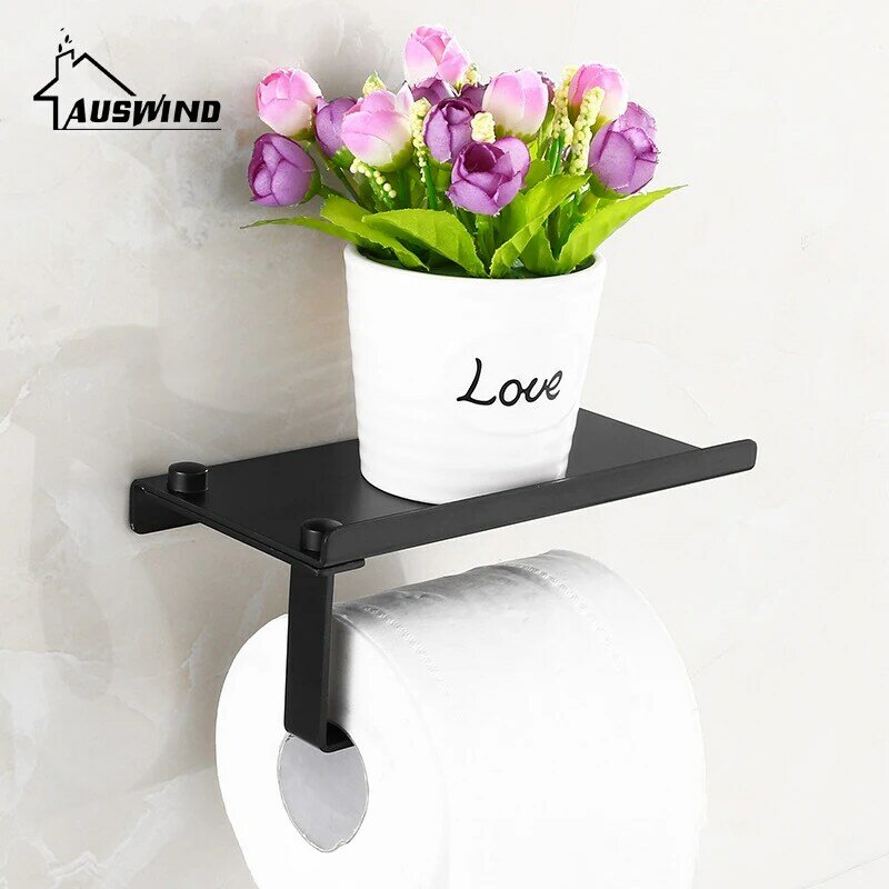Wall Mounted Space Aluminum Bathroom Paper Holder with Phone Shelf Black Toilet Paper Holder Roll Paper Holder Tissue Boxes