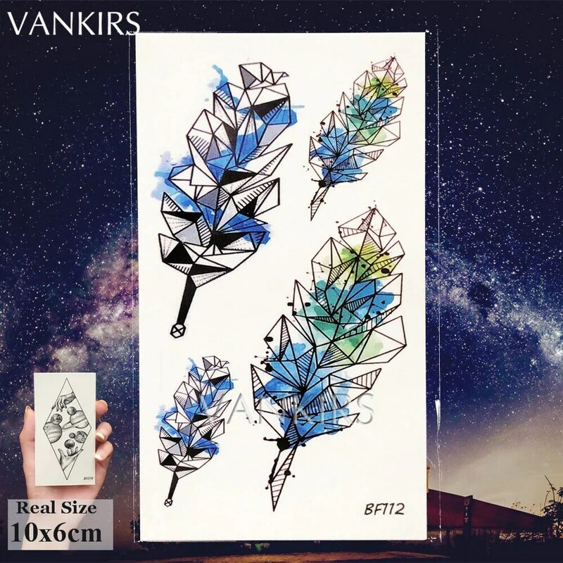 VANKIRS-tatuaje de plumas con Flash azul para mujer, para cuerpo pegatina, cintura, brazo, tatuaje temporal, chica, hoja Tribal, tatuaje cosmético impermeable