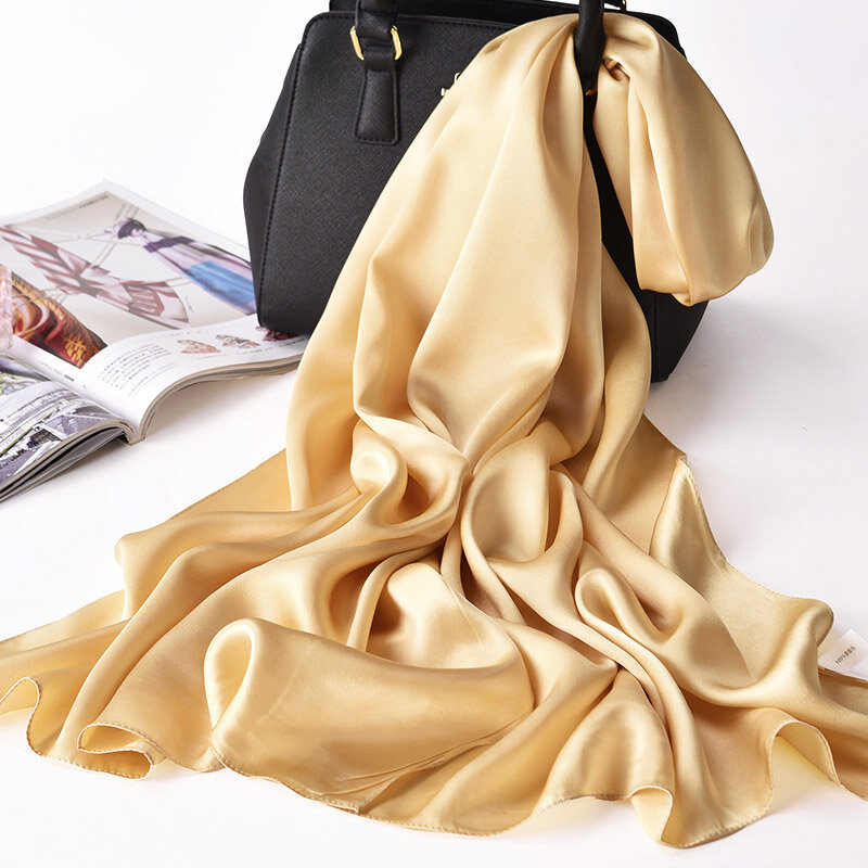Foulard en soie naturelle 100% pour femmes, Foulard de luxe, châles enveloppés, solide, longue, 175x55cm