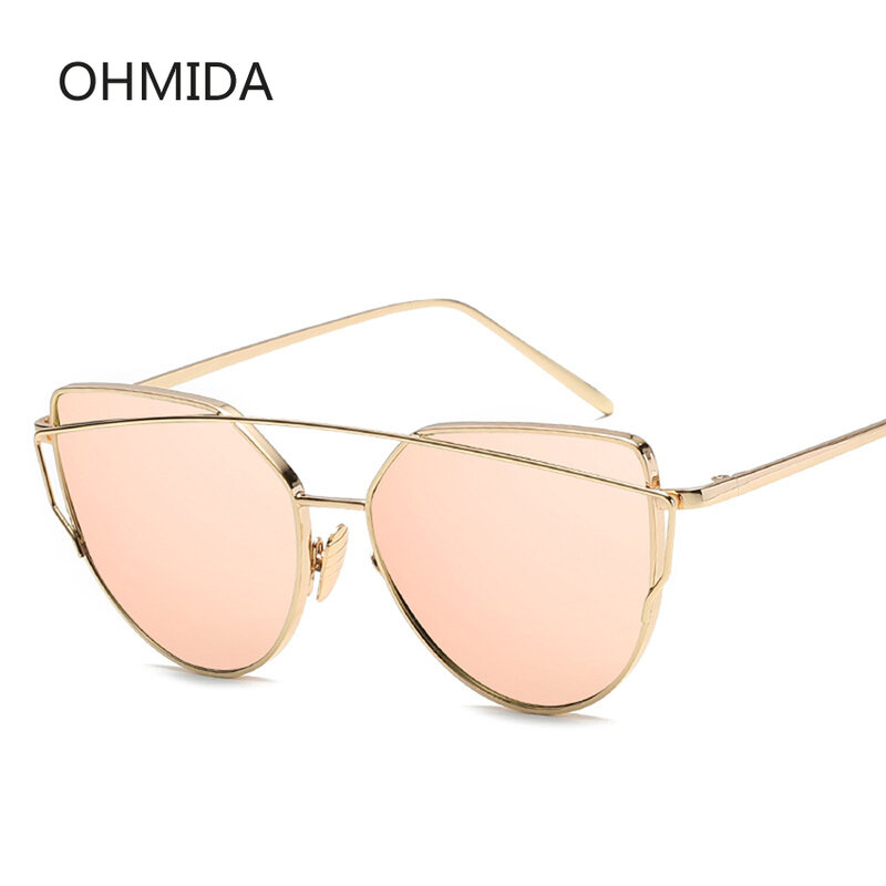 Gafas de sol de ojo de gato para mujer, Lentes de sol de doble haz de cristal, de diseñador de marca, Metal dorado rosa, UV400