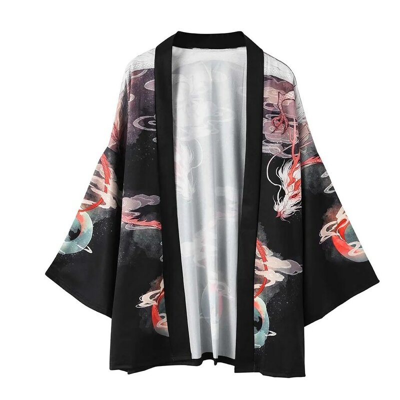 التقليدية ثوب الكيمونو الياباني سترة زوجين الرجال والنساء الساموراي الطباعة التنين قسم رقيقة فضفاضة الصيف الشاطئ واقية من الشمس Kimo