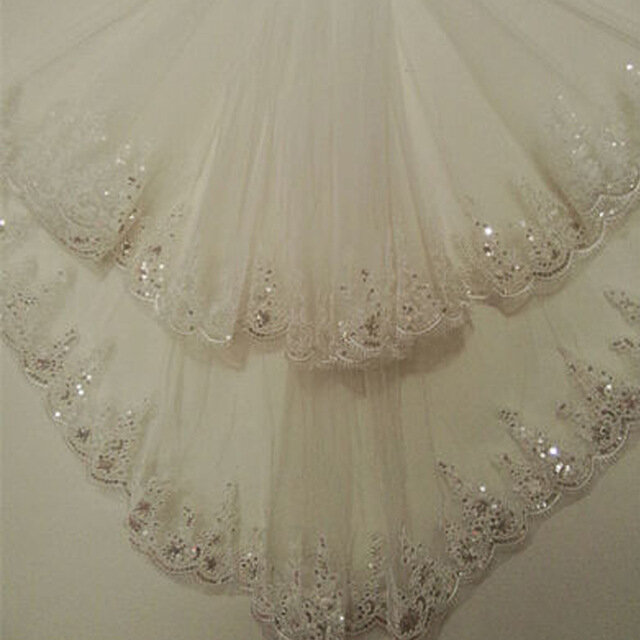 Véu de noiva longo de 75cm com pente, curto, barato, apliques de renda, elegante, duas camadas, tule