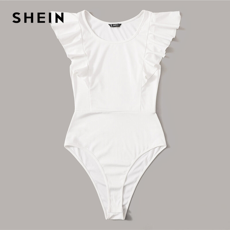 Shein ruffle armhole 솔리드 바디 슈트 화이트 솔리드 여름 민소매 라운드 넥 여성 의류 2019 sexy skinny bodysuit