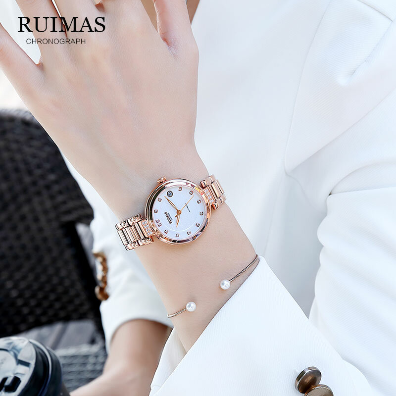 RUIMAS-Reloj de pulsera clásico para mujer, sencillo, automático, de acero inoxidable, con esfera Rosa, con fecha automática, mecánico, femenino