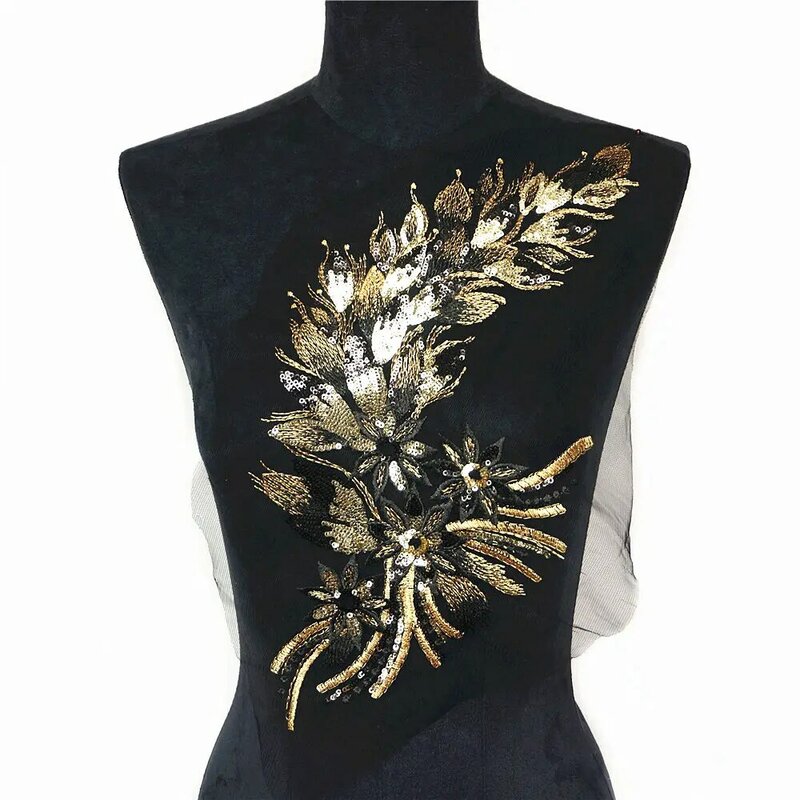 Azul preto ouro lantejoulas pena cauda flores apliques rendas guarnições malha costurar no remendo bordado para o vestido de casamento decoração diy