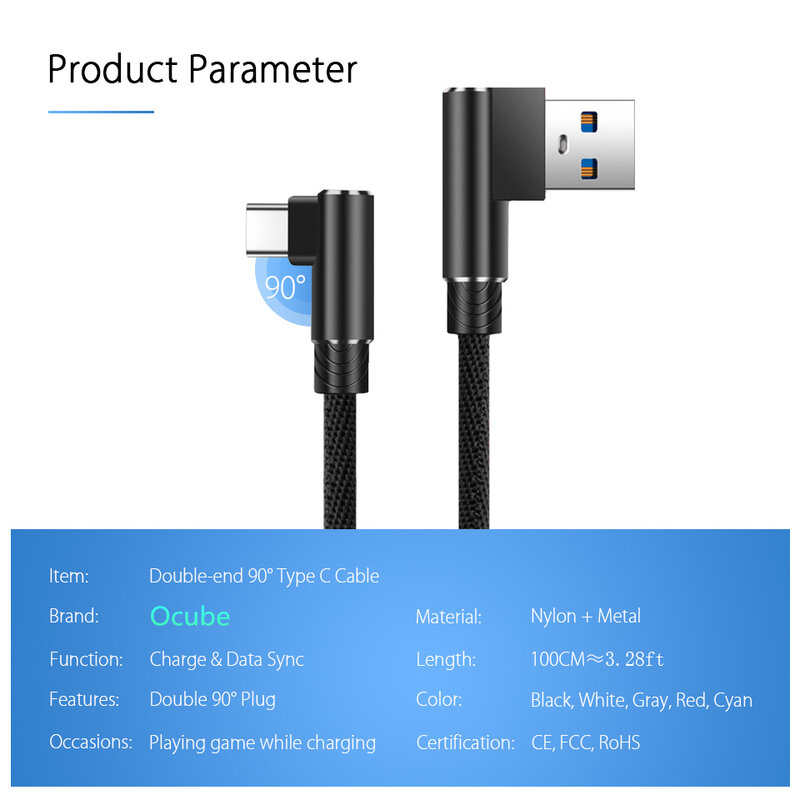 Type C Cable For Xiaomi Redmi Note 8 Pro Mi 9t A3 7 Samsung A50 A70 Honor 9x Tipo C Fast Charging Cabel 90 Degree Phone Charger