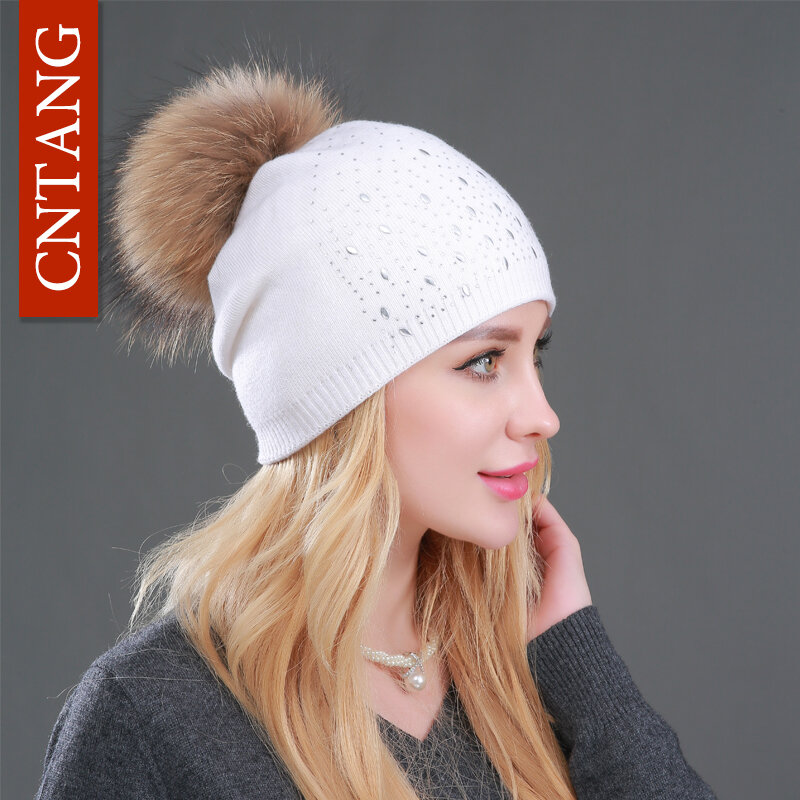 Winter Wool Women Beanies Rivets Decoration Pompon Fur Hats Fashion Natural Raccoon Fur Caps Female Warm Cashmere Knitted Hat