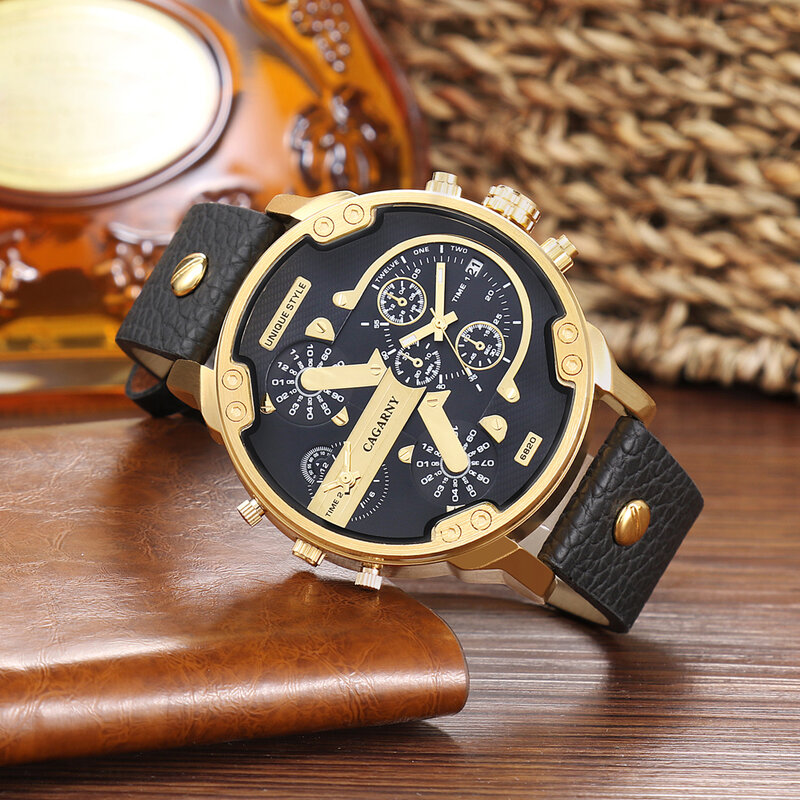 Luksusowy zegarek kwarcowy Cagarny mężczyźni czarny skórzany pasek złota koperta podwójny czas wojskowy dz Relogio Masculino Casual męskie zegarki człowiek