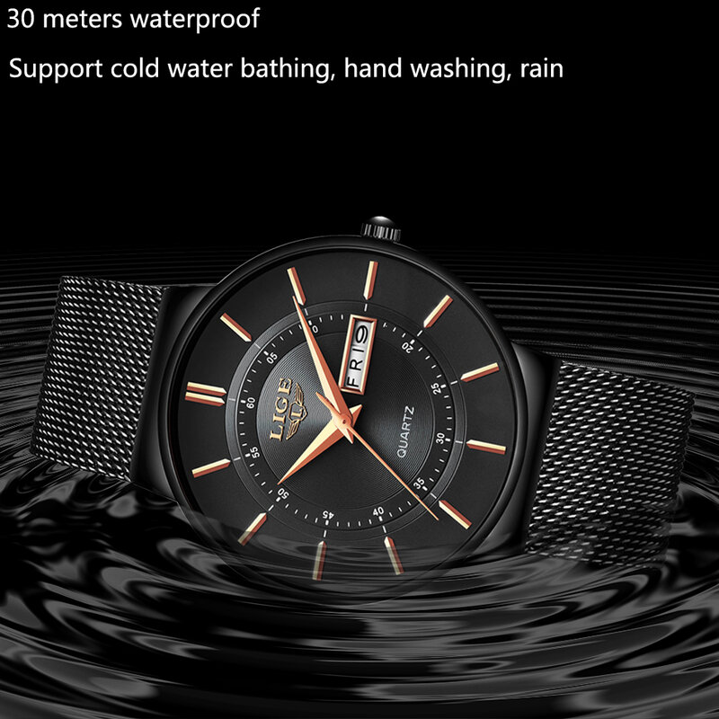 Мужские часы LIGE, модные повседневные часы топового бренда, роскошные часы, Простые аналоговые Стальные наручные часы с ремешком-сеткой, вод...