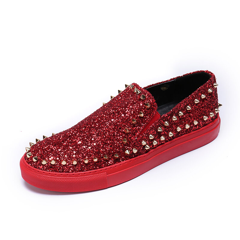 Moda de luxo da marca de fundo vermelho lantejoulas sapatos masculinos casuais barra artesanal microfibra e rebanho deslizamento em cravejado picos sapatos apartamentos