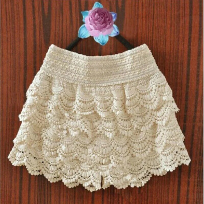 Musim Panas Fashion Wanita Celana Pendek Gaya Manis Renda Crochet Pinggang Elastis Slim Celana Pendek