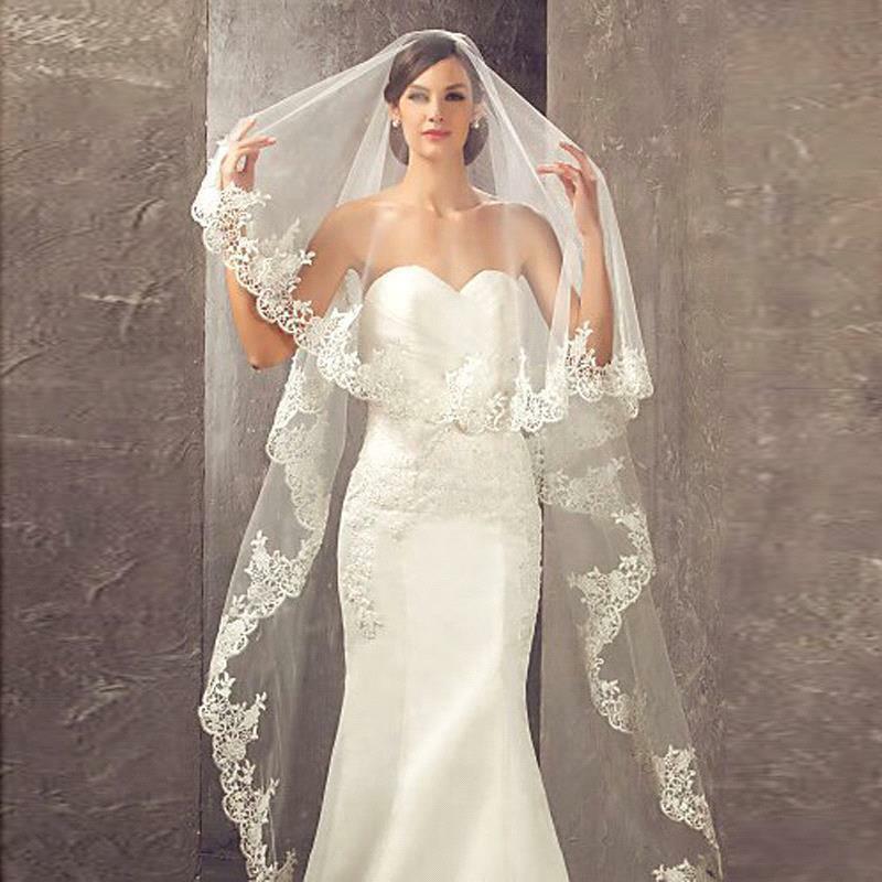 Veu de noiva longo 2.7 metros branco marfim véus de noiva laço appliqued borda véus casamento acessórios