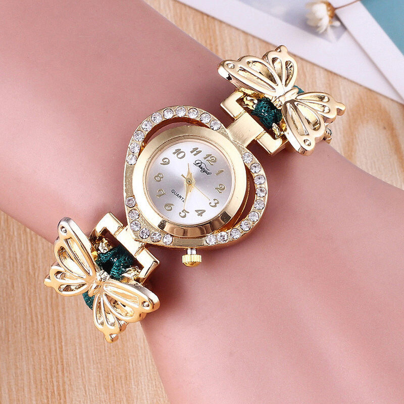 Женские кварцевые наручные часы с кристаллами Стразы браслет с бабочкой и сердцем