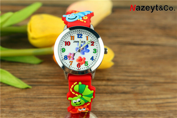 Новинка 2019, Детские простые кварцевые часы с цветком, светящейся указкой, с милым животным 3D багом, часы с ремешком, часы с силикагелем
