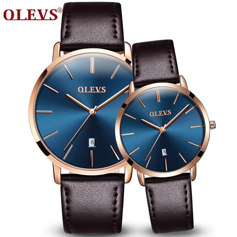 OLEVS-montre de Couple en cuir Ultra mince | Montre-bracelet populaire décontracté à Quartz, pour hommes et filles, cadeau des amoureux