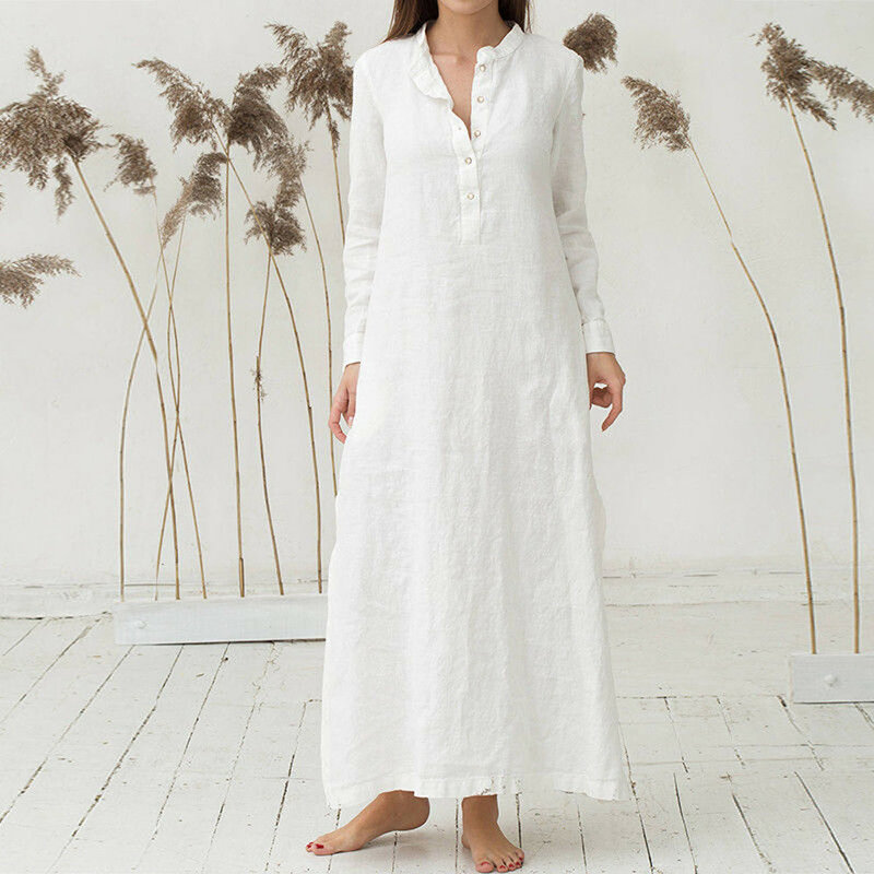 Vestido de verão feminino платье 2021, vestido kaftan algodão manga comprida liso, vestido longo de tamanho grande maxi