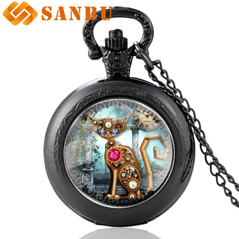 Reloj de bolsillo con colgante para hombre y mujer, accesorio de pulsera de cuarzo con diseño de gato Steampunk, estilo Retro, bronce, Punk