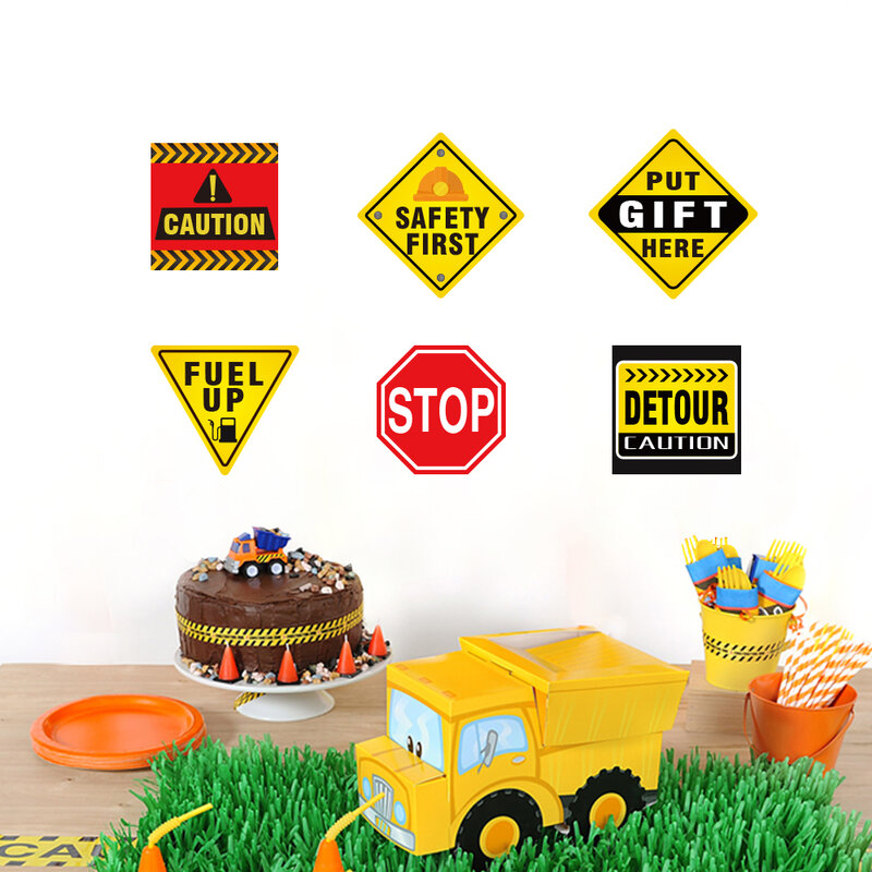 12pcs/set Cartoon Construction Warning Sign Happy Birthday Party Decorations Paper Photobooth Props Birthday Party Supplies