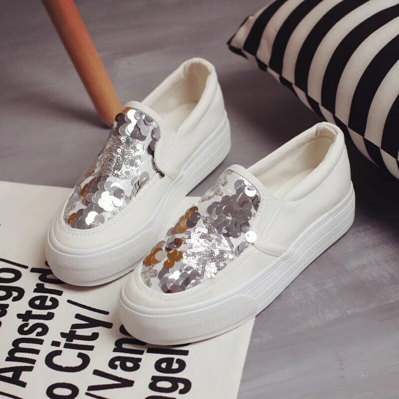 Bling Handmade Small White Shoes Ladies Lace Breathable Loafers Women Korean Thick heel Canvas Flats Espadrilles Student zapatos