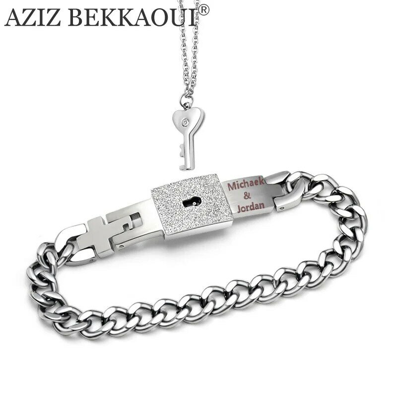 AZIZ BEKKAOUI Mode Name Schlüssel Schmuck Lock & key Liebhaber Schmuck Breite Männer Armband Figaro Kette Armbänder Drop Verschiffen