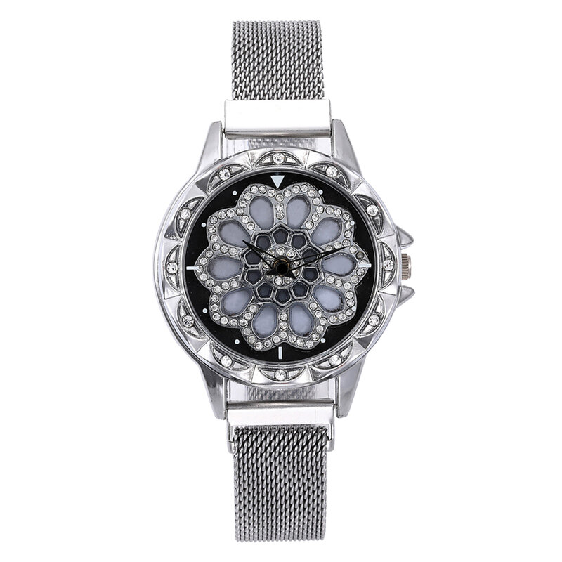 Relógio feminino malha magnética 360 graus giratória, relógio de pulso feminino quartz diamante