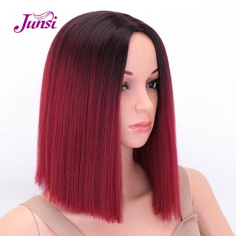 JUNSI Short Wig Black Bob High Temperature Fiber Synthetic Wig Medium Ombre Red Straight Bob Hair