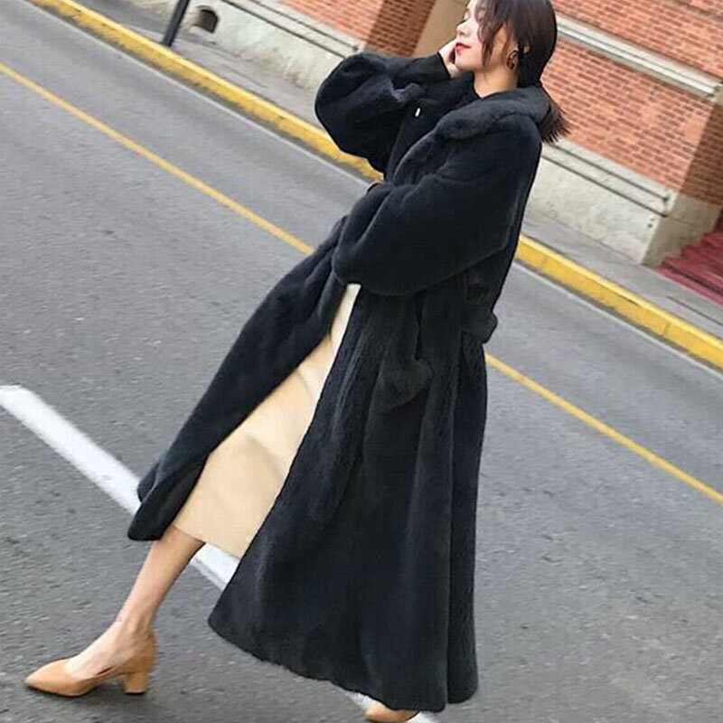 2020 Winter Women Coat X-Long Fluffy Mink Fur Jacket  Casual Loose Wind Prof Thick Warm Fashion Trench