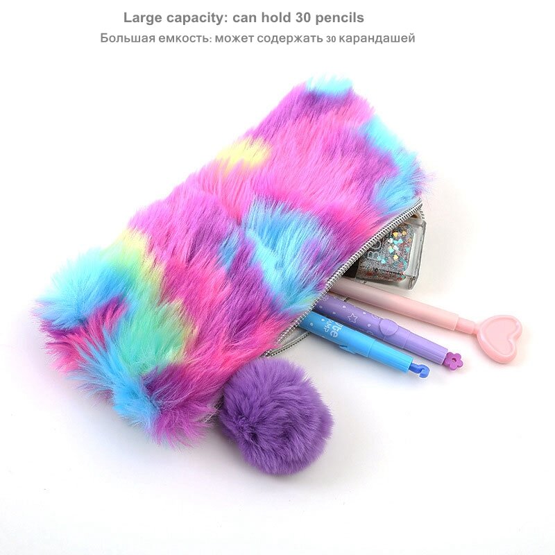 Capa de lápis arco-íris feminina, material escolar fofo para mulheres e meninas bolas de pele de coelho falsa, armazenamento de maquiagem, bolsa cosmética e papelaria