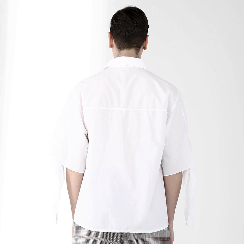 Punk White Smart Casual Shirts For Men Half Sleeve of Two Straps Cotton Formal Blouse Summer Solid Tops