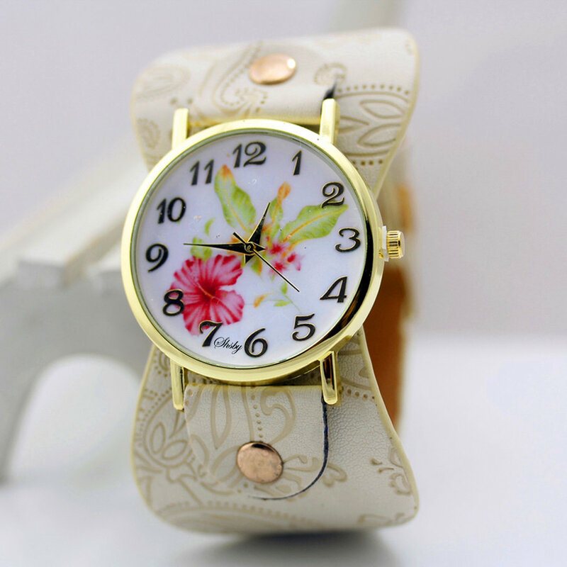 Shsby nova chegada impresso pulseira de couro relógio de pulso banda larga vestido relógio com flores moda feminina relógio casual presente da menina