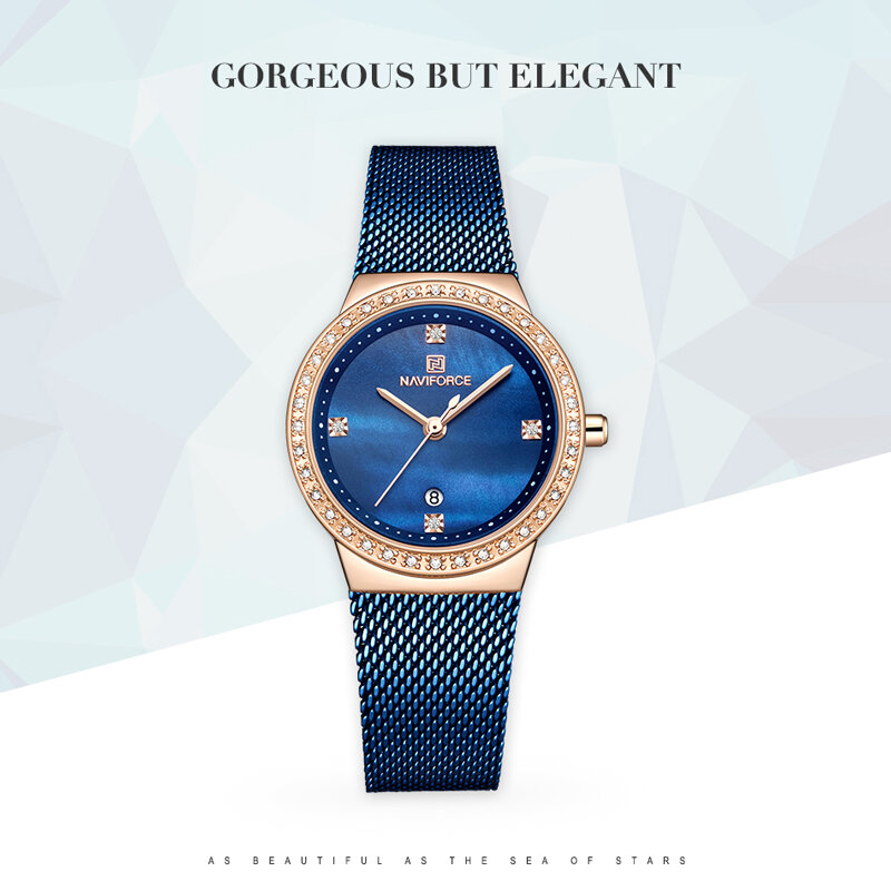 NAVIFORCE zegarki damskie kwarcowe moda damska luksusowe różowe złoto niebieski zegarek damski prosta siatka ze stali nierdzewnej zegarki na rękę
