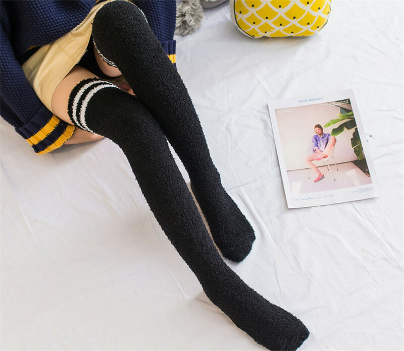 Very Soft & Warm Ladies Coral Fleece Striped Stockings Sexy Women Over Knee Thigh High Socks 2020 Winter Stockings Plus Size