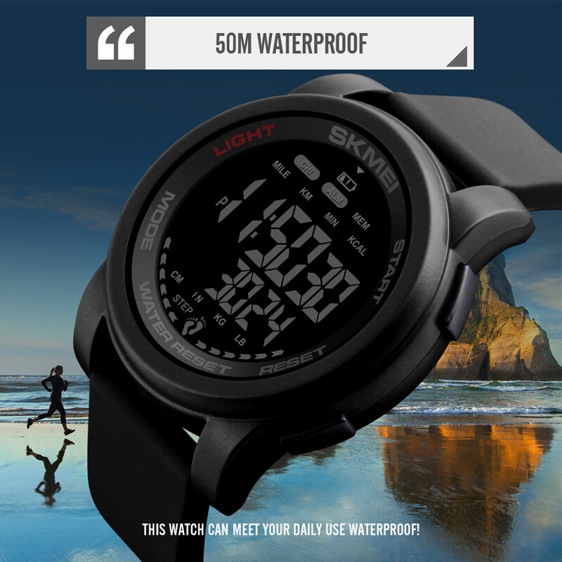 Marca SKMEI, reloj Digital calorías podómetro cuenta regresiva deporte relojes de pulsera impermeable hombre pulsera militares reloj de alarma