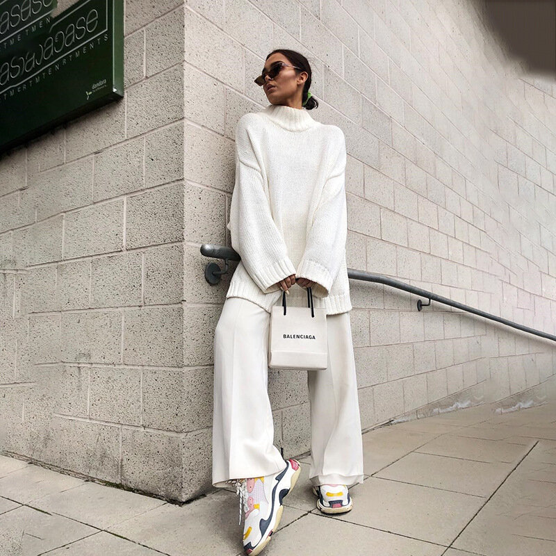เสื้อกันหนาวผู้หญิงฤดูใบไม้ร่วง 2019 ฤดูหนาวสีขาวหลวมถักคอเต่าเสื้อกันหนาวหญิง Pullover Streetwear โครเ...