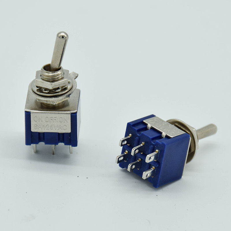 Mini interruptor de palanca de enclavamiento, accesorio ON-OFF-ON, 6 pines, 3 posiciones, AC 125V/6A 250V/3A SPDT MTS203 SPDT, 5 unids/lote