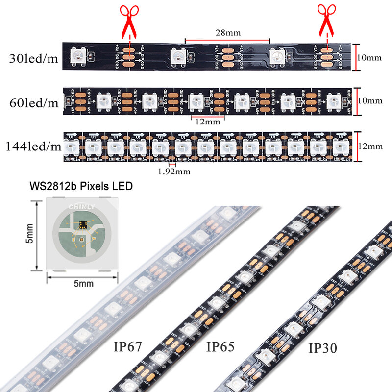 Bande lumineuse RGB LED WS2812B, Pixels intelligents, adressable individuellement, 1m/4m/5m, PCB, noir/blanc, WS2812 IC, étanche, 5V, 30/60/144 LED