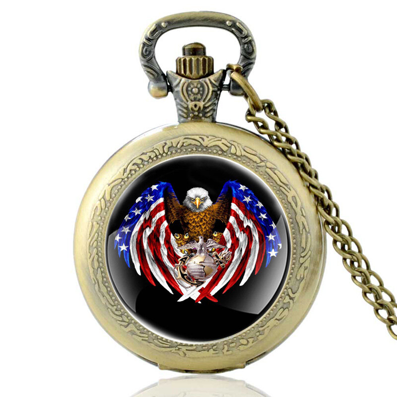 Neuheiten Vintage Bronze Vereinigten Staaten Marine Corps Quarz Taschenuhr Klassische Amerikanische Flagge Adler Anhänger Halskette Uhren