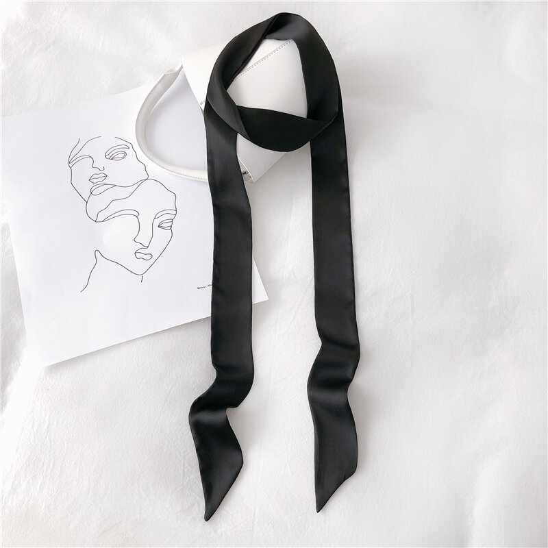 루나 & 돌핀-좁은 긴 스카프, 200x5cm, 단색 쉬폰 실크 고무 레드 타이, 검정색 가방 리본 머리띠, 초커 스트리머